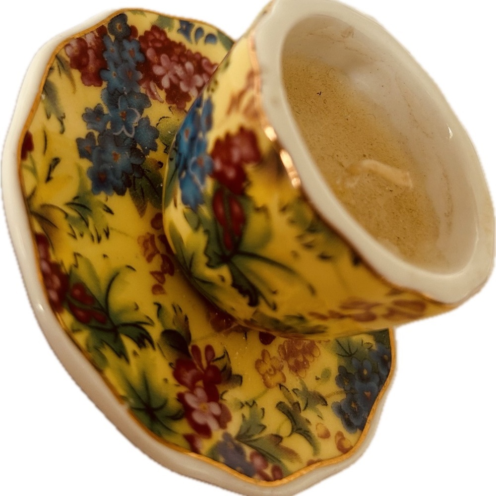 Vintage antique Floral Gold rim Miniature Teacup Candle & Saucer Keepsake Decor